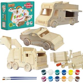 Kraftic Woodworking Building Kit للأطفال والبالغين ، 3 مشاريع لعبة طراز Wood Construction تعليمية DIY للبنين والبنات ، وبناء شاحنة للأطعمة الخشبية وسيارات السباق وشاحنة القمامة