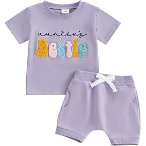 Toddler Baby Girl Summer Clothes Embroidered Letter Graphic Short Sleeve T-Shirt Shirts + Elastic Shorts Set