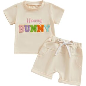 Toddler Baby Girl Summer Clothes Embroidered Letter Graphic Short Sleeve T-Shirt Shirts + Elastic Shorts Set in Saudi Arabia