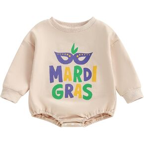 Baby Girl Boy Mardi Gras Outfit Long Sleeve Mardi Gras Letter Print Romper Oversized Sweatshirt Newborn Bodysuit