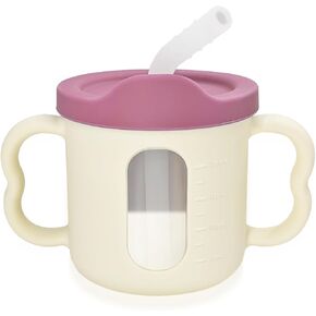 Silicone Sippy Cups for Toddlers 1-3, Baby Straw Training Cup with Handles, Chewable Straw for Teething Relief, Leak-Proof Design, Dishwasher Safe, BPA-Free, 6oz (Pink)