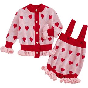 Toddler Valentines Day Outfit Girl Baby Heart Print Long Sleeve Cardigan Top Knit Romper Overalls Spring Clothes Set