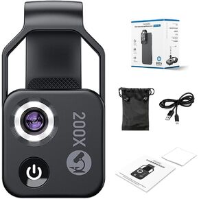 200X Phone Mini Pocket Microscope with LED Light/Universal Clip, Nano Zoom Portable Digital Microscope Camera Attachments for 99% Smartphone, Microworld for Kids Adults,White