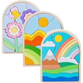 3 Pack Montessori Wooden Shape Puzzles - Color Matching & Cognition Fun for Kids Over 3 Years Old, with Rainbow Blocks & Themes (Flower, Rainbow, Sunrise), Fine Motor Skill Building Toys & Gifts
