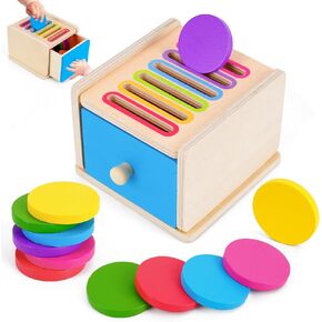 FCSONU Toddlers Montessori Coin Box Toys for 1 2 3 Year Old Boys Girls, Drawer Box Toy for Ages 2-4 Kids, Learning Color Sorting Sensory Toys, New Year Birthday for Baby 12-18 Months