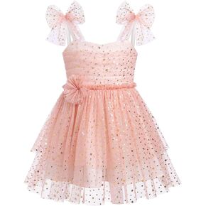 Toddler Baby Girl Tulle Dress with Polka Dot Sequins Ruffle Mesh Sleeve Flower Girl Wedding Guest Birthday Party Dress