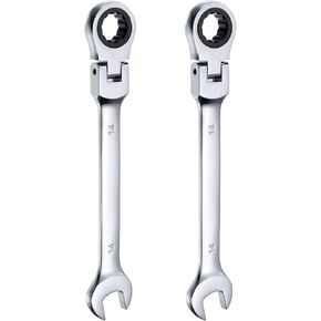 HARFINGTON 2pcs Flex-Head Ratcheting Wrench 14mm 180° Rotating Head Metric Ratchet Combination Wrenches 72-Teeth Chrome Vanadium Steel Open End Ratchet for Fasteners Nut Bolt