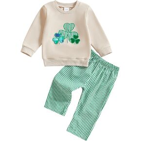 Infant Toddler St Patricks Day Baby Boy Outfit Clover Embroidery Sweatshirt Pullover Plaid Pants Set 2PCS Clothes