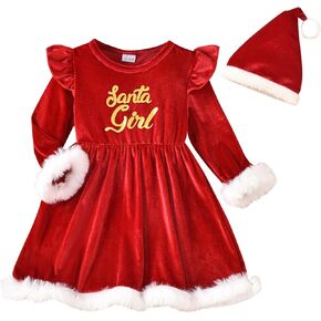 Toddler Baby Girls Christmas Dress Red Velvet Dress Long Sleeve Santa Claus Dress Fleece Plush Xmas Princess Party Dresses