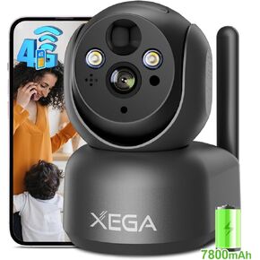 Xega 4G Cellular Indoor Security Camera Wireless with Built-in SIM Card, 7800mAh Battery, 2K Super HD PTZ Camera Rechargeable, PIR Motion Detection, 20m Color Night Vision, Cloud & TF,IP65