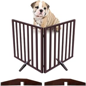 Dog Gate 2 Panels - Foldable Indoor Fence Freestanding with Support Feet, Japard 24 in Tall 35.4" Wide, Suitable for Small Pets, Cats, Rabbits, Puppy, Wood Brown