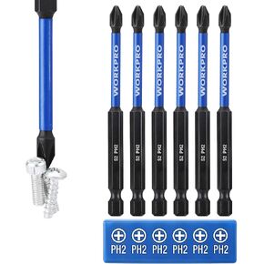 WORKPRO 6pcs PH2 Impact Phillips Screwdriver Bit Set, S2 Professional CNC Anti-Slip Magnetism Bits, 1/4" Hex-Shank #2 Phillips Impact Driver Bits, 4" Long Impact Screwdriving Bits with Holder