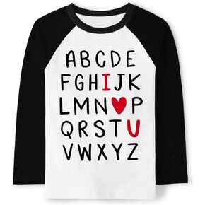 Toddler Boy Girl Valentine's Day Shirt ABC Alphabet I Love U Tee Tops Kids Raglan Long Sleeve T-Shirt 2-7 Years