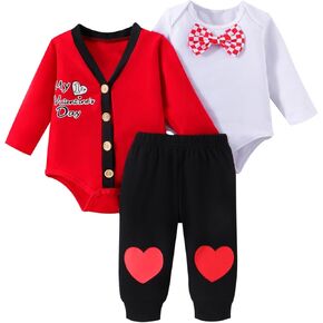 3Pcs Baby Boy Valentines Outfit My First Valentine Baby Boy Clothes Newborn Valentines Onesie Valentine Gifts for Baby Boys
