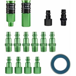 Yolass 5 In 1 Universal Quick Industrial Connect Coupler, 1/M Industrial Type Air Plug Kit and 1/V Industrial Type Air Plug Kit 15-Piece, 1/4 Inch Air Fittings, Air Compressor Hose Accessories