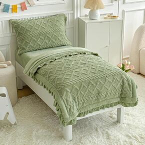 AIKASY Velvet Toddler Bedding Set 4 Piece -Jacquard Plush and Ruffled Fringe Comforter, Flat Sheet, Fitted Sheet and Pillowcase- Suitable for Boys and Girls (Green)