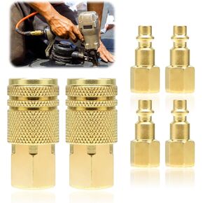 6Pcs 1/4" NPT Brass Female Industrial Coupler Air Hose Quick Fittings Adapter, Air Compressor Accessories for Air Tools and Pressure Washe(4Pcs Adapter+2Pcs Coupler)