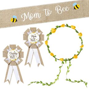 R HORSE 5Pcs Mom to Bee Sash Dad to Be Pin, Bee Neutral Burlap Maternity Sash Corsage Pin and Flower Crown Headband, Pregnancy Props Keepsake Gifts Gender Reveals Party Baby Shower Decorations