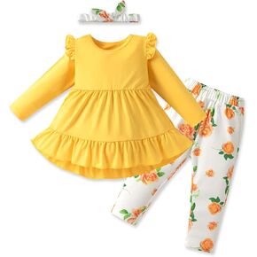 Toddler Baby Girl Dress Clothes Long Sleeve Solid Ruffle Tops Floral Pants with Fall Winter Clothes Headband Clothes Set
