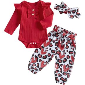 Newborn Baby Girl Valentines Day Outfit Ruffle Ribbed Romper and Heart Print Pants Infant Spring Fall Clothes Headband
