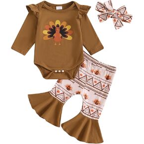 Newborn Baby Girl Thanksgiving Outfits Turkey Print Romper Flare Pants Sets My First Thanksgiving Baby Girl Outfit