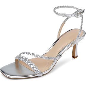 Vaslemuse Women Braided Heel Sandals Strappy Kitten Heels Ankle Strap Dress Pumps Square Open Toe Party Dance Shoes