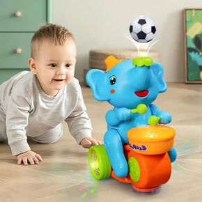 Elephant Toy for Kids, Walking, Lights, Small Musical Toy Elephant with Wheels, Ball (Blue)