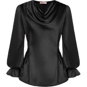 بلوزة نسائية من Belle Poque مصنوعة من الحرير والساتان ورقبة متدلية وأكمام طويلة وربطة عنق على الخصر وبلوزة قميص علوي in Kuwait