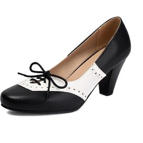 Elerhythm Women's Mary Jane 1920s Pump Heels Two Tones Classic and Retro Lace Up Wingtip 1950s Vintage Round Closed Toe 1940s Shoes