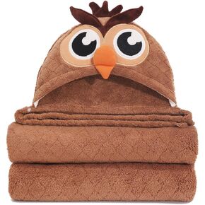 Baby Hooded Towels for Boys 0-5 Years,Ultra Thick Soft & Absorbent Towel for Toddler Boy, 50 x 32 Inches Large Size Coral Fleece with Animal Hood and Buttons, Brown Owl