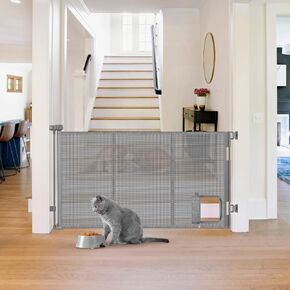 Reinforced 60" Retractable Baby Gate with Cat Door Gates for Pets Retractable Pet Gate Indoor Dog Gate with Cat Door Mesh Baby Gate Retractable Gate Outdoor Retractable Baby Gates for Doorways, Gray