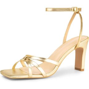 Strappy Heels for Women Chunky High Heels Square Open Toe Ankle Buckle Strap Sandals for Wedding Party Comfortable Daily Dressy Shoes