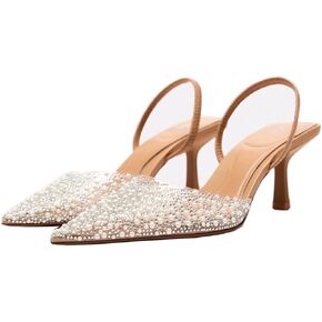 MRKEWUNEY Fashion Rhinestone Clear Slingback Pumps Shoes for Women Pointed Toe PVC Kitten Heels