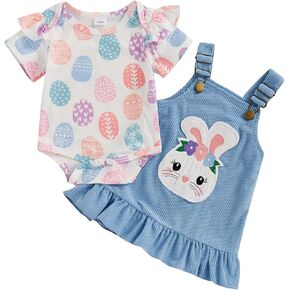 Easter Baby Girl Clothes Egg Short Sleeve Romper Bunny Embroidery Suspender Skirt Set Newborn Dress Outfit