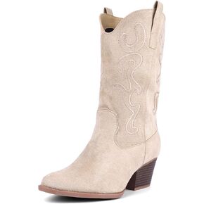 Bandkos Womens Mid Calf Boot, Comfortable Cowboy Chunky Boots Block Heel Pointed Toe Fashion Suede Slouch Boots