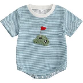 Newborn Baby Boy Girl Golf Outfit Embroidery Striped Romper Jumpsuit Short Sleeve Bubble Bodysuit Summer Clothes