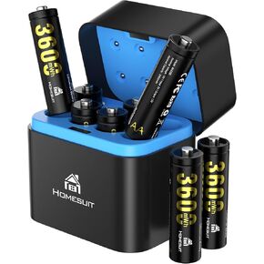 Homesuit Rechargeable Lithium AA Batteries with Charger, 8 Pack 3600mWh AA Lithium Batteries for Blink Outdoor Camera, 1.5V Constant Output Double A Rechargeable Battery, 2000+ Cycle Times