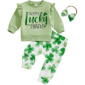 Toddler Baby Girl St Patricks Day Outfit Ruffle Long Sleeve Sweatshirt Letter Print Shirt Clover Pants Irish Outfit