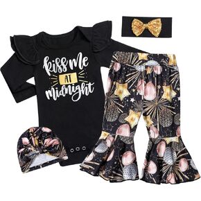 Queenstyle Baby Girl New Year Outfit Black Long Sleeves Romper + 2025 Bell-bottoms + Headband + Hat 4pcs Sets