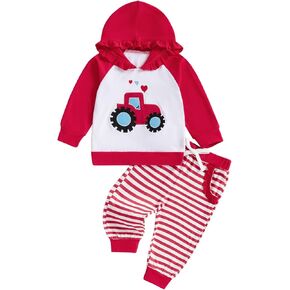 Douhoow Baby Girl Clothes Heart Embroidery Baby Girl Hoodies Baby Hooded Sweatshirt Stripe Pants Festival Outfits