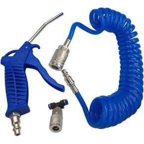 Air Blow Gun Kit,Heavy Duty Air Seat Blow Gun Kit for Semi Truck Air Hose with 16.4FT Long Coil,I/M Style Air Plug And Coupler Fitting, T Adapter (Blue)
