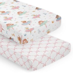 Sweet Jojo Designs Ballerina and Bows Girl Baby Fitted Crib Sheet Set Infant Newborn Nursery Toddler Bed Room Standard Mattress 2pc Pink Bow Ballet Shoes Dancer Hearts Sparkles Tutu White Blue Green
