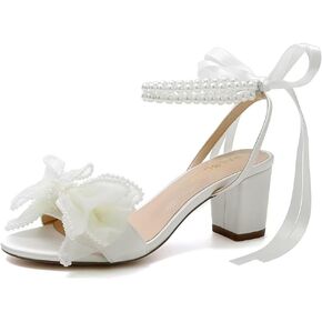Bow Knot Heeled Sandals Wedding Shoes for Bride Block Heel Wedding Sandals Pearl Heels Bridal Shoes
