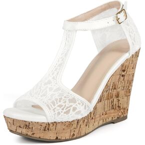 Perphy Lace T-Strap Open Toe Platform Wedges Heel Sandals for Women