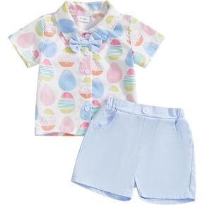 Toddler Baby Boy Easter Outfit Bunny Print Short Sleeve Button Down Shirt Pockets Shorts 2Pcs Set Gentleman Outfits in Kuwait