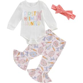 Suolongsama My First Easter Baby Girl Outfit Newborn Rabbit Romper Bodysuit Bell Bottom Pants Flare Pants Headband 3Pcs Set