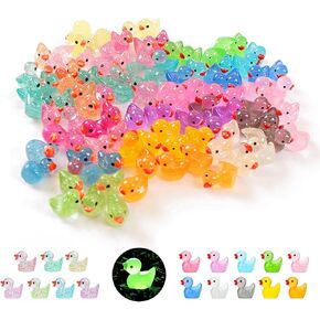FEXIA 100pcs Mini Ducks Glitter Resin Ducks Mini Resin Animals Figures to Hide Glow in The Dark Tiny Duck Figures for Dollhouse Aquarium Fairy Garden Decor