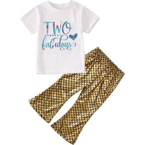 Toddler Girl Birthday Mermaid Outfits 2nd 3rd 4th Birthday Short Sleeve T-Shirt Shiny Flared Pant Set Summer Clothes