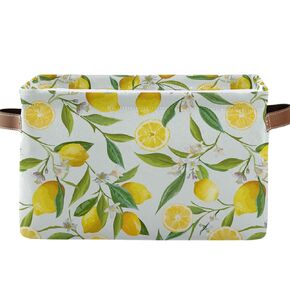 MNSRUU Storage Basket Lemon Floral Collapsible Organizer Basket with PU Handles, Waterproof Nursery Laundry Basket Kids' Toy Storage Basket,1 Pack