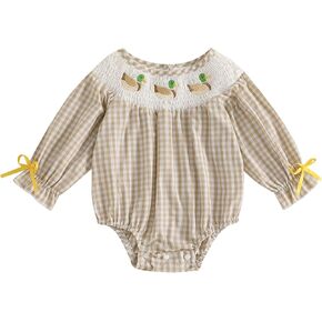 SAYOO Baby Girls Duck Romper Mallard Duck Embroidery Smocked Bubble Romper Bodysuit Newborn Infant Toddler Hunting Outfit